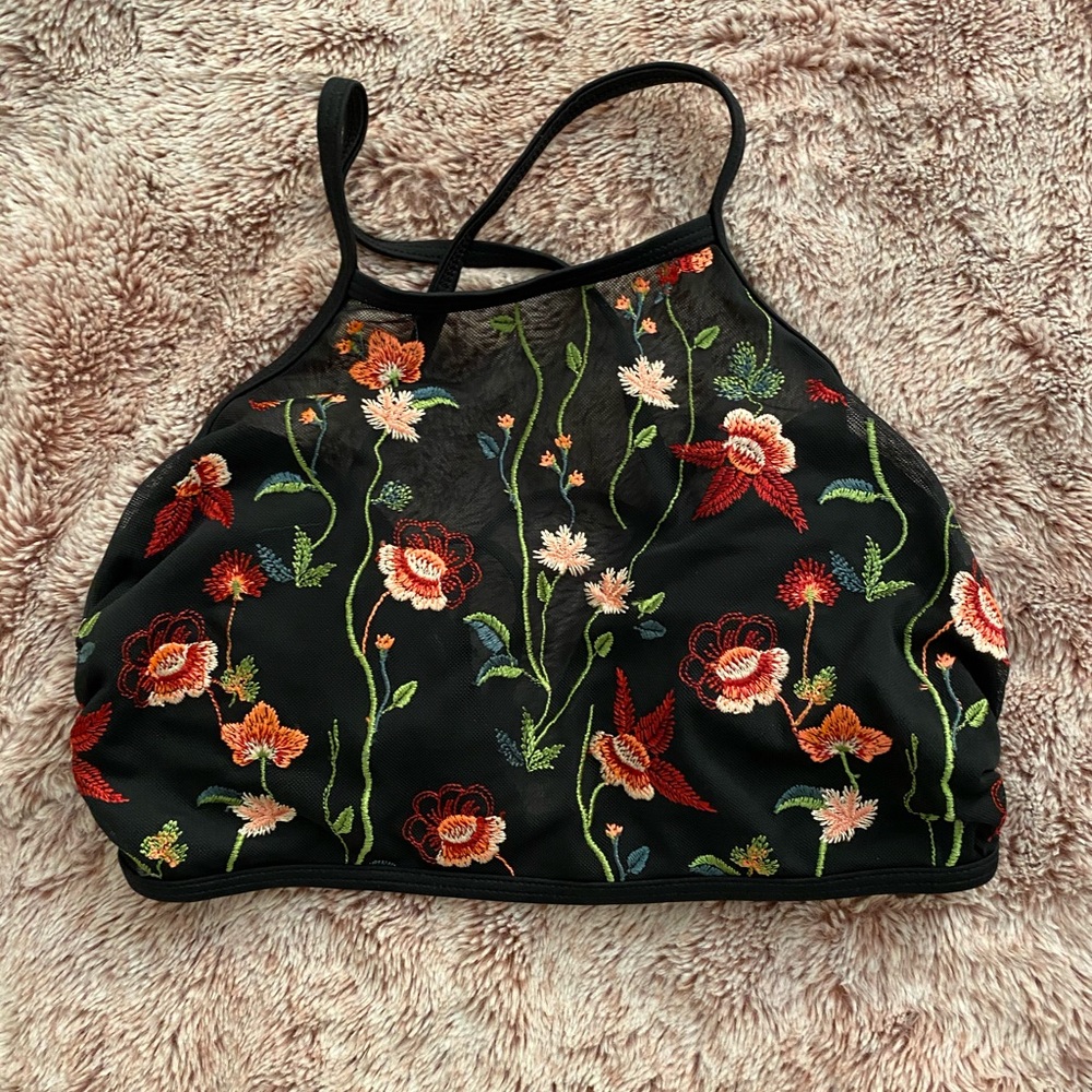 Floral embroidered mesh bikini top